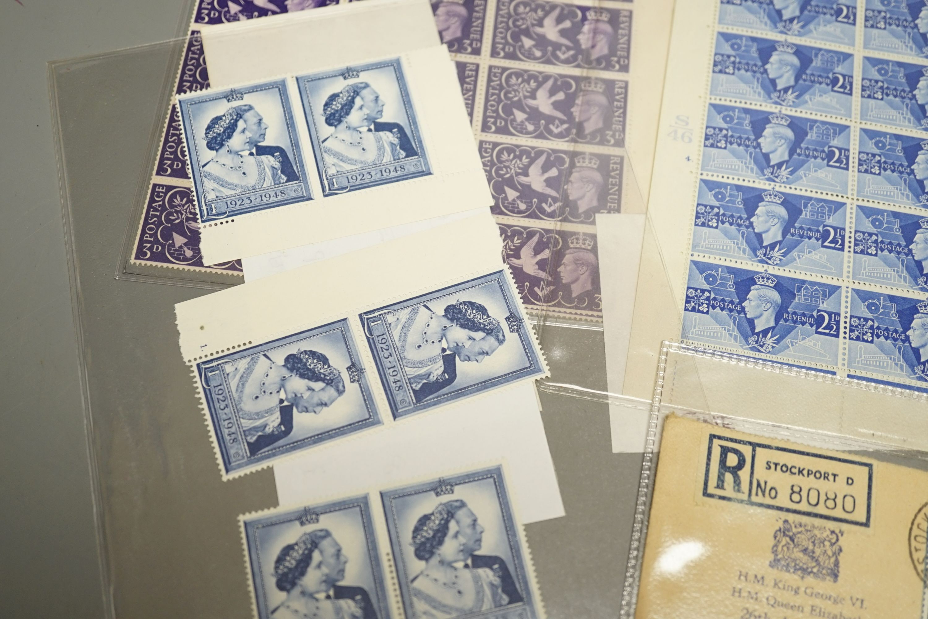 Great Britain 1939-48 set of high values u/m, 1948 Silver Wedding £1 - three u/m pairs and set on illustrated F.D. cover. mint blocks 1946 Victory 2½ and 3d